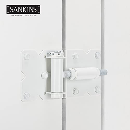 Self Closing Gate Hinges Heavy Duty Hardware Hinges for Wooden/Vinyl/PVC Fences, 90 Degree Adjustable Gate Hinge with Installation Screws and Swing Adjuster Tool, 2 Pack/Set, White - color: White