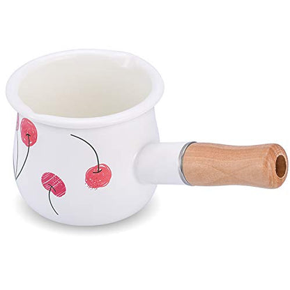 Enamel Milk Pot, Small Saucepan Butter Warmer Pot | 4 Inch 17 Oz with Wooden Handle for Heating Smaller Liquid Portions ,Handy for One Person - color: Cherry
