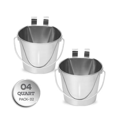 4 Quart Stainless Steel Flat Sided Bucket with Dual Hooks | 2 Pcs Durable Food & Water Bowl for Dogs Cats Goat & Livestock | Fits kennel Cage Critter Crate Hanging Pet Pail | Multipurpose - size: 4 Quart (Pack of 2)