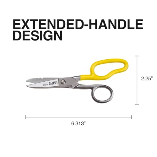 Klein Tools 2100-8 Free-Fall Electrician Snips, Made in USA, 6.25-Inch Stainless Steel Scissors with Stripping Notches, Fully Serrated Blade, Extended Handle, Electrical and Heavy-Duty Applications - style: Free-Fall Snip