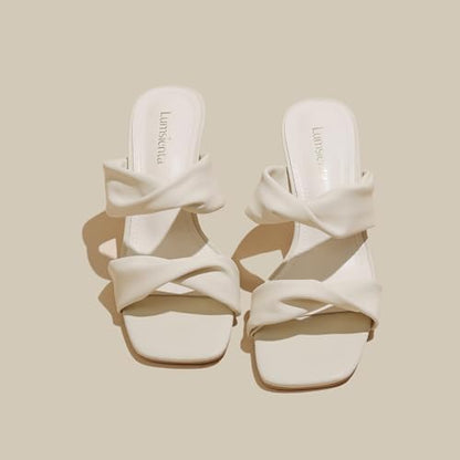 Women's Square Toe Twisted Strap Mules Open Toe Sculptural Kitten Heels Backless Slip On Sandals with Memory Foam - color: Beige Twisted, size: 7