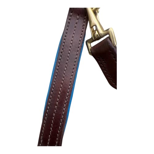 Leaders Premium Padded Leather Horse Halter - Exclusive Pre-Oiled Aniline Leather with Lacquered Solid Brass Hardware & Machined Structural Rings - size: Brown Horse Size/Royal Blue Padding + Name Plate