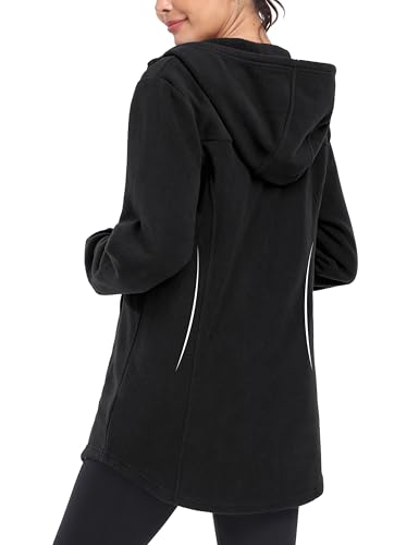 MoFiz Womens Long Soft Polar Fleece Jacket Full Zip with Hood - color: Jacket-black, size: Small