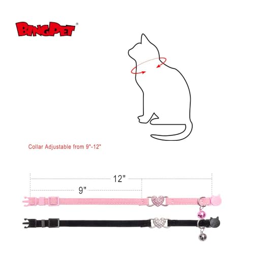 BINGPET Cat Collar Breakaway with Bell, Bling Kitten Collar,Pink&Black - color: Heart (Pink + Black)-2pcs