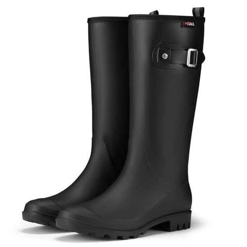 HISEA Women Rain Boots Slim Calf Tall Waterproof Tight PVC Rubber Rainboots - color: Black-slim Calf, size: 7