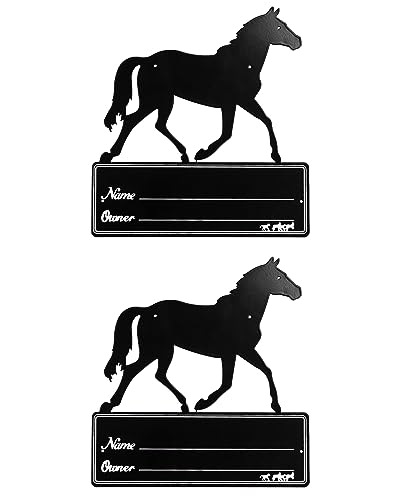 QWORK Horse Stall Name Plate, 2 Pack Heavy Duty Steel Horse Stall Plague, Horse Stall Personalized Signs, All Weather UV Protected, Black