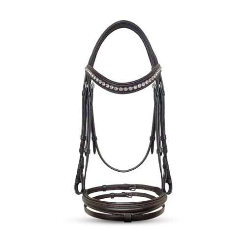 Equine Care English Horse Bridle with Reins, Padded, 6 Browband Styles | Hunter show bridles: classic fancy stitched or crystal browbands; padded crown, harness leather; bit not included - color: Havana Brown with Clear Crystals