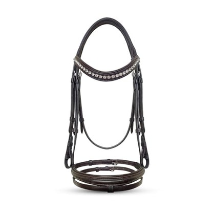 Equine Care English Horse Bridle with Reins, Padded, 6 Browband Styles | Hunter show bridles: classic fancy stitched or crystal browbands; padded crown, harness leather; bit not included - color: Havana Brown with Clear Crystals
