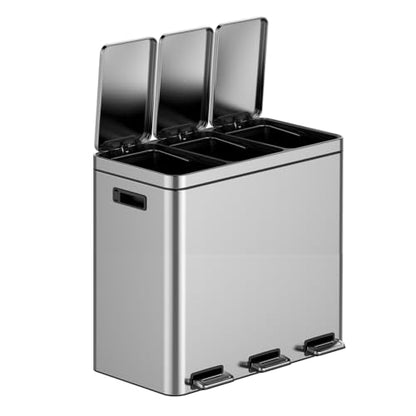 3 Compartment Trash Can, 3 x 5.3 Gallon Kitchen Bin, Stainless Steel Recycling Bin, with Soft-Close Lids & Removable Inner Baskets, for Kitchen Home Office - size: 3 x 5.2 Gallon