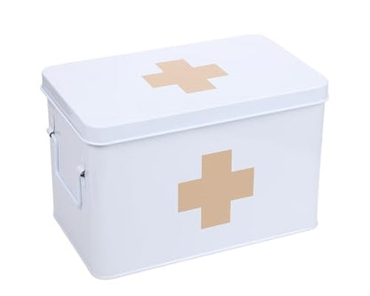 Lassos Boutique 13" Retro Enameled First Aid Box, Medicine Storage with Lid, Tray, Dividers, White/Tan