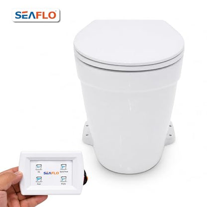 SEAFLO Deluxe Flush Freshwater Electric Marine Toilet - Fresh Water Rinse, 12V, w/ 4-way Flush Panel, Smart Flushing System, Ceramic Bowl, Soft Close Seat, Quiet Flush, Macerator Pump, 4 Year Warranty - style: 12V Deluxe Flush - Fresh Water Rinse - Soleno