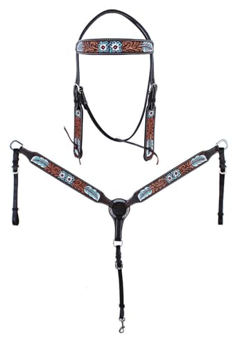 CHALLENGER Horse Western Leather Tooled Headstall Bridle Breast Collar Tack Set 78HRBrowbandSet - color: Brown Leather, Turquoise Feather
