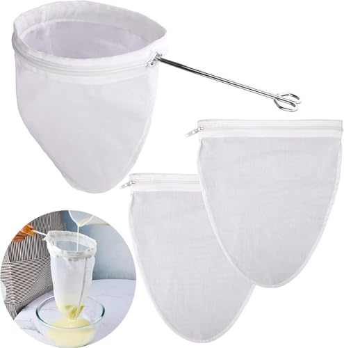 3 Pack Ultra Fine Mesh Strainer Bags, Reusable Food Grade Filter Bags with Stainless Steel Handle & Zipper Closure for Nut Milk, Coffee, Juices, Butter and Fresh Cheese
