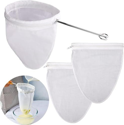 3 Pack Ultra Fine Mesh Strainer Bags, Reusable Food Grade Filter Bags with Stainless Steel Handle & Zipper Closure for Nut Milk, Coffee, Juices, Butter and Fresh Cheese