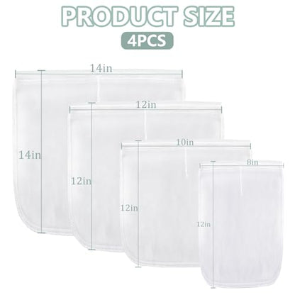Ninsula 4PCS Nut Milk Bag, Food Grade Nylon Cheese Cloth Bag, Straining Reusable Fine Mesh Strainer for Tea, Yogurt, Juice, Cheese, Soup, Herbs, Vegetable Juice (8"x12"/14"x14"/10"x12"/12"x12")