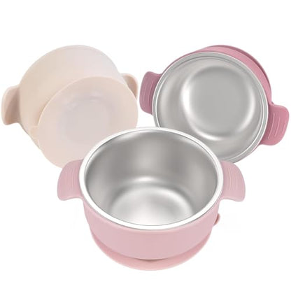 Bella's Friends Life Baby Bowls with Suction Stainless Steel and Silicone, 4.3” for Toddlers Kids Feeding, Non-Slip, Non-Toxic, Mess-Free, Dishwasher Safe, Fit High Chair Size, 3 Pack - color: light pink, beige, pink