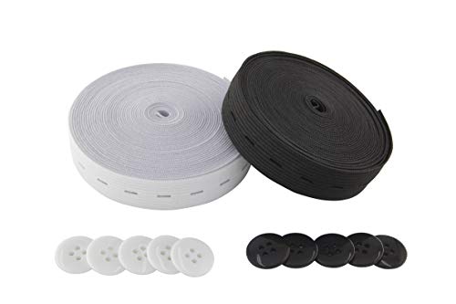 Flat Sewing Band Spool with Buttonholes, Elastic Stretchable, Ideal for DIY Waistbands and Necklines (Black & White, 3/4" × 5 Yds Each) - color: Black & White, size: 3/4" × 5 Yds each