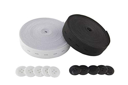 Flat Sewing Band Spool with Buttonholes, Elastic Stretchable, Ideal for DIY Waistbands and Necklines (Black & White, 3/4" × 5 Yds Each) - color: Black & White, size: 3/4" × 5 Yds each