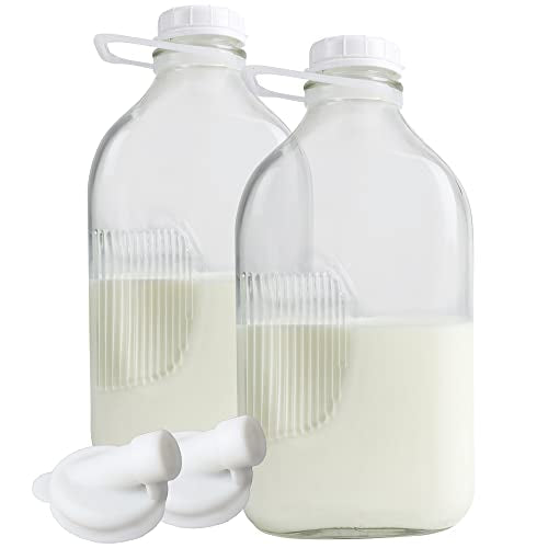 The Dairy Shoppe Heavy Glass Milk Bottles - Extra Lids, Silicone Pour Spouts, Silicone Funnel- Clear Milk Containers - Reusable - Wire Carrier - Made in USA (2 Quart / 2 Cell Carrier Combo) - size: 64 Ounces
