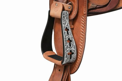 CHALLENGER Western Show Horse Saddle Stirrups Aluminum Leather Tread Cross Engraved 5145v - color: Black with genuine Leather Tread