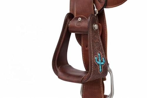 Horse Western Turquoise Cactus Tooled Leather Covered Saddle Stirrups 51238 - color: Brown Cactus