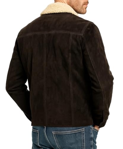 Men's Rick Western Brown Suede Leather Jacket with Sherpa Shearling Collar | Full Zip Front, Snap Cuffs, Polyester Lined, Zip Waist Pockets, Genuine Suede Leather, Cowboy Trucker Design - color: Brown, size: Large
