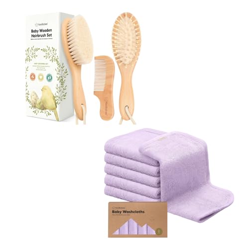 Keababies Baby Hair Brush and Comb Set - Wooden Brush with Soft Goat Bristle, Towels Included