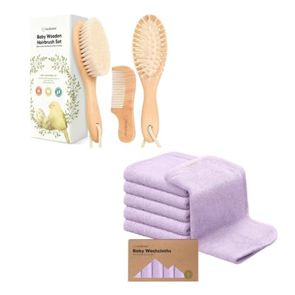 Keababies Baby Hair Brush and Comb Set - Wooden Brush with Soft Goat Bristle, Towels Included