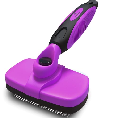 Deshedding Dog Brush for Shedding – Self Clean Cat Brush Deshedding & Grooming Tool for Long Haired and Short Haired Dogs, Slicker Brushes for Dogs, Skin-Friendly, Retractable Bristles, Easy to Clean - color: Purple