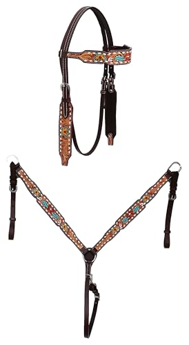 CHALLENGER Horse Western Leather Tooled Headstall Bridle Breast Collar Tack Set 78HRBrowbandSet - color: Brown