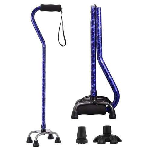 Floral Quad Cane for Women, Adjustable Walking Canes with 3-in-1 Interchangeable Base(3 Tips) for Versatile Support, Stylish & Stable Mobility Aid for Seniors Confidence - color: Blue Flower