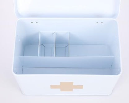 Lassos Boutique 13" Retro Enameled First Aid Box, Medicine Storage with Lid, Tray, Dividers, White/Tan
