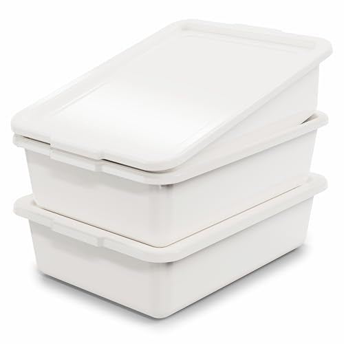 White 13 L Commercial Bus Tubs/Tote Box with Lid, 3-Pack Plastic Storage Wash Basin Tub - color: White, size: 13L-White with Lid