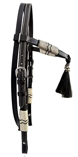 Western Horse Headstall Standard Size – Adjustable Hand Braided Genuine Leather Bridle with Brown Rawhide Knotting Futurity Knot Black Color Hair Tassels, Western Riding Tack, Dark Brown (Full Size) - size: Full