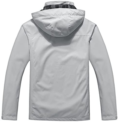 OTU Men's Lightweight Waterproof Hooded Rain Jacket Outdoor Raincoat Shell Jacket for Hiking Travel Light Grey S