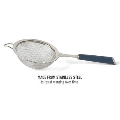 Calphalon Edge Stainless Steel Strainer, Fine Mesh Kitchen Colander Strainer with Thermoplastic Rubber Handle, Sifter for Rinsing, Draining & Straining Food, Navy - color: Navy Blue w/ Rubber Handle (Edge - Strainer)