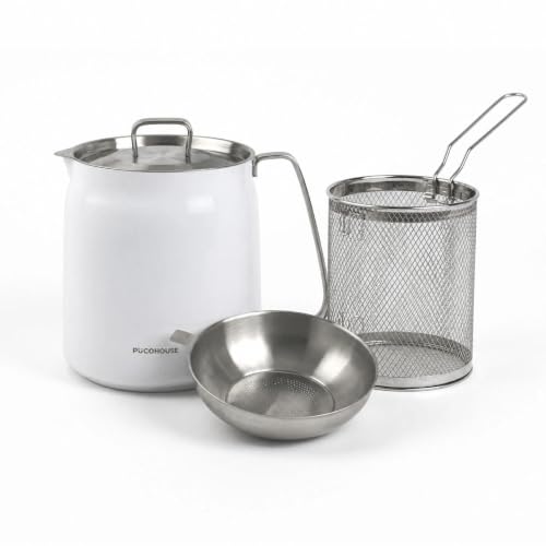 3.5L/118 oz Ceramic Coated（White） Deep Fryer Pot with Basket & Strainer, Oil Filter Container, Compatible with All Stovetops, for Fries, Chicken Wings & Tempura - color: White, size: 3.5 Liters/118 Ounces
