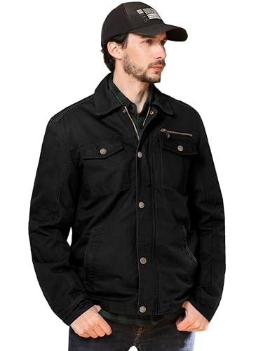 WenVen Men's Casual Canvas Cotton Military Lapel Jacket - color: Black, size: Small