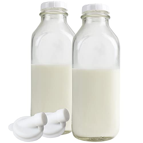 The Dairy Shoppe Heavy Glass Milk Bottles - Jugs with Extra Lids and a Silicone Pour Spout - Clear Milk Containers for Fridge - Reusable Glass Milk Jug Dispenser - Made in USA (33.8 oz, 2 Pack) - size: 33.8 Ounces