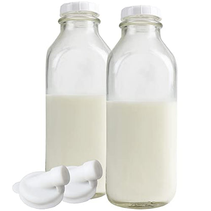 The Dairy Shoppe Heavy Glass Milk Bottles - Jugs with Extra Lids and a Silicone Pour Spout - Clear Milk Containers for Fridge - Reusable Glass Milk Jug Dispenser - Made in USA (33.8 oz, 2 Pack) - size: 33.8 Ounces