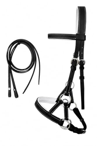 CHALLENGER Horse Western Brown Leather Training Tack Bitless Sidepull Bridle Reins 7711 - color: Black/White, size: Full