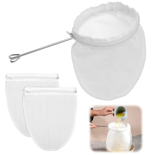 3Pcs Ultra Fine Mesh Reusable Strainer Bags with Stainless Steel Handle, Cheese Cloth Bag for Nut Milk, Juice Strainer, Fresh Cheese, Yogurt, 4.95"Wx9.6"D