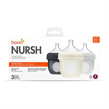 Boon Nursh Bottles - Slow Flow - Silicone Baby Bottles Help Ease Colic Symptoms - Formula and Breast Milk Only Touch Platinum Food-Safe Silicone - Gray - 0-3 Months - 3 Count - 4 Ounce - color: Gray, size: 4 Ounce (3 Count)