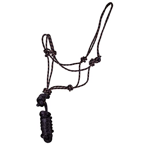 Jeffers Equine Poly Braided Rope Horse Halter with 8ft Lead Rope – Adjustable Training Halter for Horses, Ponies, Colts – Durable Knot Halter for Groundwork, Barn, Ranch Use - Black and Tan