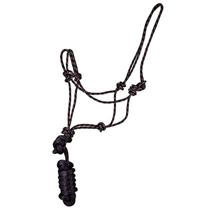 Jeffers Equine Poly Braided Rope Horse Halter with 8ft Lead Rope – Adjustable Training Halter for Horses, Ponies, Colts – Durable Knot Halter for Groundwork, Barn, Ranch Use - Black and Tan