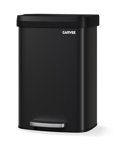 Garvee 13 gal / 50 L Metal Trash Can with Lid, Large Garbage Can for Kitchen, Rustproof Step-on Kitchen Metal Trash Bin with Liner Rim, Rear Handle, Soft Close Plastic Lid, Black - color: Black, size: 13.2 Gallons