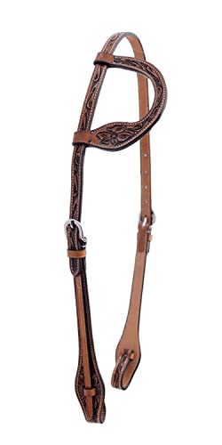 Majestic Ally Horse Headstall, Natural, Super Leather, Antique, Tooling, Quick Bit Change Single Ear Western Headstall - color: Natural