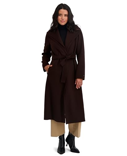 TAHARI Women's Slim Fit Double-faced Soft Wool Blend Wrap Coat With Tie Belt – Long Wool Coat - color: Chocolate, size: Large
