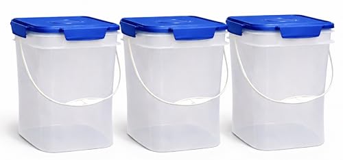 House Naturals 4 Gallon Square Food Grade Bucket Pail with Plastic Handles and Lid (Pack of 3) Made in USA containers (Clear - Blue lids) - color: Clear - Blue Lids