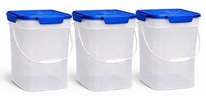 House Naturals 4 Gallon Square Food Grade Bucket Pail with Plastic Handles and Lid (Pack of 3) Made in USA containers (Clear - Blue lids) - color: Clear - Blue Lids